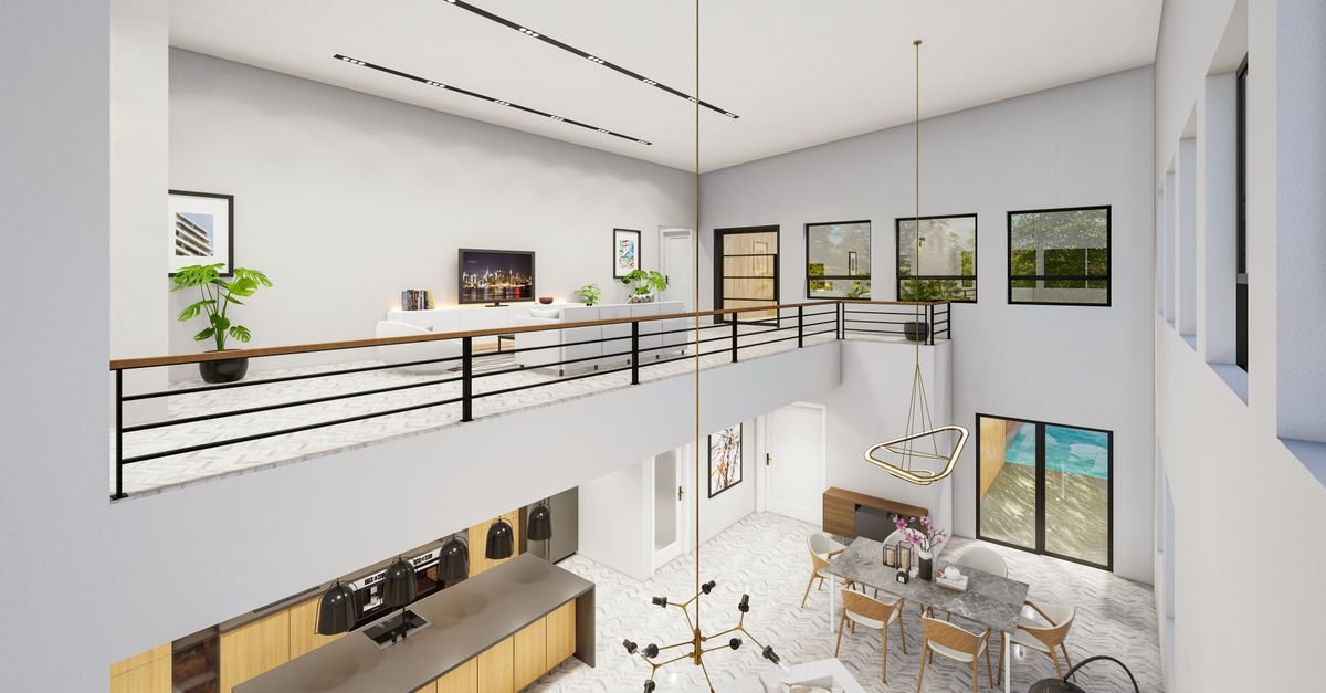 Intérieur de maison moderne aux volumes ouverts et baie donnant sur un balcon